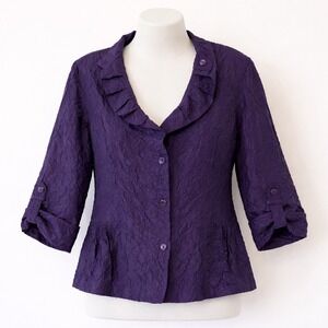 Chico's Size 3 Purple Crinkle Peplum Shirt Jacket Artsy Wimsygoth Crop Womens XL